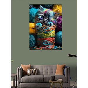 Kanvas Tablo Renkli Yumaklar Ve Kedi 100x140 cm