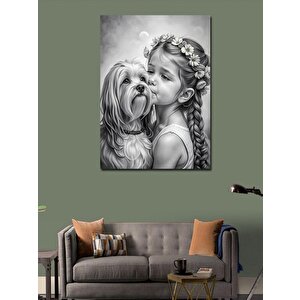 Kanvas Tablo Siyah Beyaz Küçük Kız Ve Köpek 70x100 cm