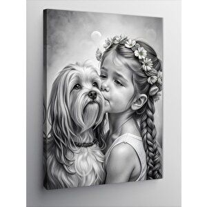 Kanvas Tablo Siyah Beyaz Küçük Kız Ve Köpek 100x140 cm