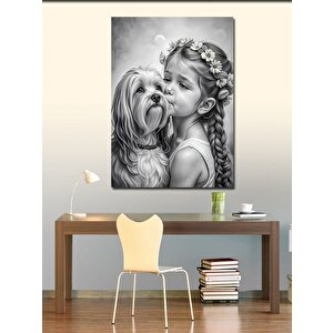 Kanvas Tablo Siyah Beyaz Küçük Kız Ve Köpek 100x140 cm