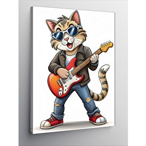 Kanvas Tablo Elektro Gitar Çalan Kedi
