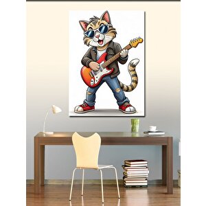 Kanvas Tablo Elektro Gitar Çalan Kedi