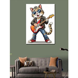 Kanvas Tablo Elektro Gitar Çalan Kedi