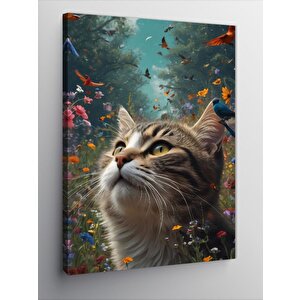 Kanvas Tablo Ormandaki Kedi Ve Kuşlar 70x100 cm