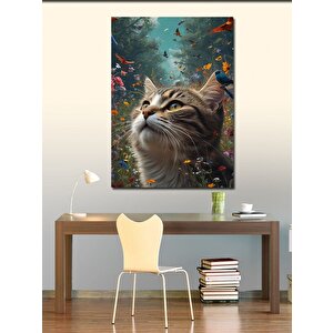 Kanvas Tablo Ormandaki Kedi Ve Kuşlar 70x100 cm