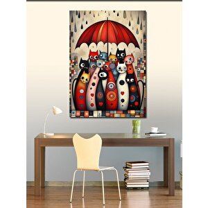 Kanvas Tablo Kırmızı Şemsiye Ve Kediler 100x140 cm