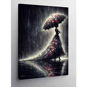 Kanvas Tablo Çiçekli Elbiseli Kadın Ve Yağmur 100x140 cm