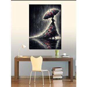 Kanvas Tablo Çiçekli Elbiseli Kadın Ve Yağmur 100x140 cm