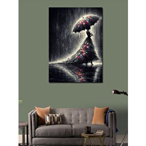 Kanvas Tablo Çiçekli Elbiseli Kadın Ve Yağmur 100x140 cm