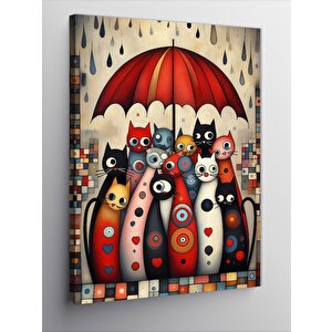 Kanvas Tablo Kırmızı Şemsiye Ve Kediler 70x100 cm