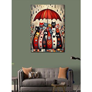 Kanvas Tablo Kırmızı Şemsiye Ve Kediler 70x100 cm