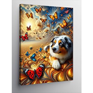 Kanvas Tablo Renkli Kelebekler Ve Köpek 70x100 cm