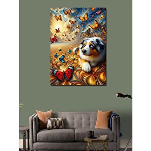 Kanvas Tablo Renkli Kelebekler Ve Köpek 70x100 cm