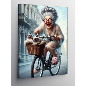 Kanvas Tablo Bisiklet Süren Yaşlı Kadın Ve Kediler 100x140 cm
