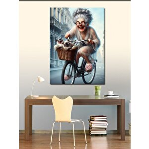 Kanvas Tablo Bisiklet Süren Yaşlı Kadın Ve Kediler 100x140 cm