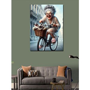 Kanvas Tablo Bisiklet Süren Yaşlı Kadın Ve Kediler 70x100 cm