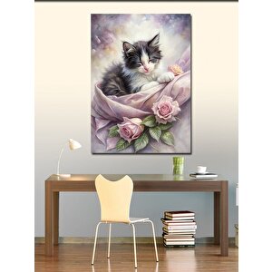 Kanvas Tablo Yavru Kedi Ve Güller
