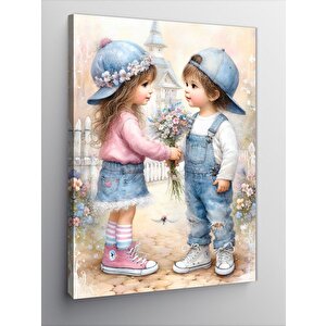 Kanvas Tablo Birbirine Çiçek Veren Çocuklar