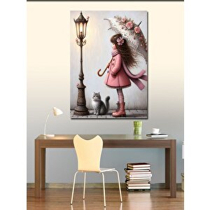 Kanvas Tablo Şemsiyeli Kız Ve Kedi