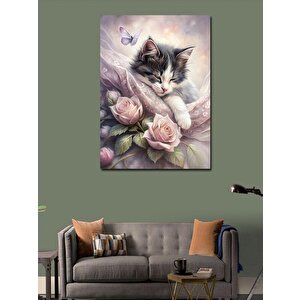 Kanvas Tablo Pembe Güller Ve Kedi 100x140 cm