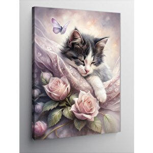 Kanvas Tablo Pembe Güller Ve Kedi