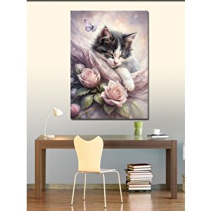Kanvas Tablo Pembe Güller Ve Kedi
