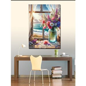 Kanvas Tablo Vazodaki Çiçekler Ve Deniz Manzarası 70x100 cm