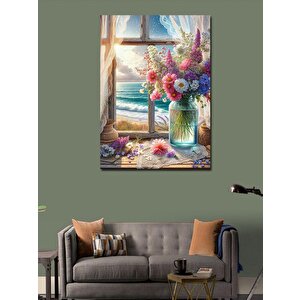 Kanvas Tablo Vazodaki Çiçekler Ve Deniz Manzarası 70x100 cm
