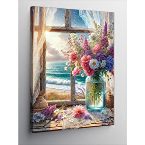 Kanvas Tablo Vazodaki Çiçekler Ve Deniz Manzarası 100x140 cm