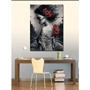 Kanvas Tablo Kırmızı Çiçekler Ve Siyah Beyaz Kadın 100x140 cm