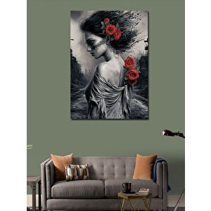 Kanvas Tablo Kırmızı Çiçekler Ve Siyah Beyaz Kadın 100x140 cm