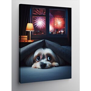 Kanvas Tablo Havai Fişek Seslerinden Korkan Köpek 100x140 cm