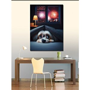 Kanvas Tablo Havai Fişek Seslerinden Korkan Köpek 100x140 cm