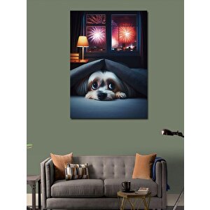 Kanvas Tablo Havai Fişek Seslerinden Korkan Köpek 100x140 cm
