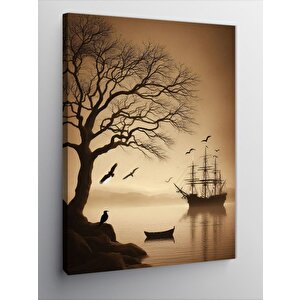 Kanvas Tablo Yaprakları Dökülmüş Ağaç Ve Gemi 70x100 cm