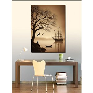 Kanvas Tablo Yaprakları Dökülmüş Ağaç Ve Gemi 70x100 cm