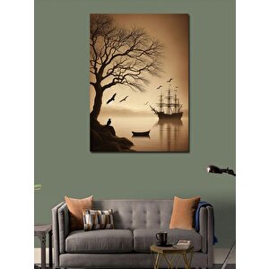 Kanvas Tablo Yaprakları Dökülmüş Ağaç Ve Gemi 70x100 cm