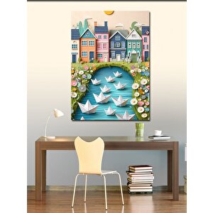 Kanvas Tablo Kağıttan Tekneler Ve Evler 70x100 cm