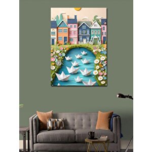 Kanvas Tablo Kağıttan Tekneler Ve Evler 70x100 cm