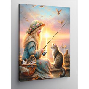 Kanvas Tablo Balık Tutan Küçük Kız Ve Kedi 100x140 cm