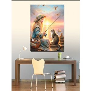 Kanvas Tablo Balık Tutan Küçük Kız Ve Kedi 100x140 cm