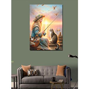 Kanvas Tablo Balık Tutan Küçük Kız Ve Kedi 100x140 cm