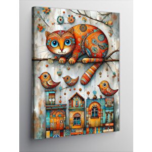 Kanvas Tablo Desenli Kedi Ve Kuşlar