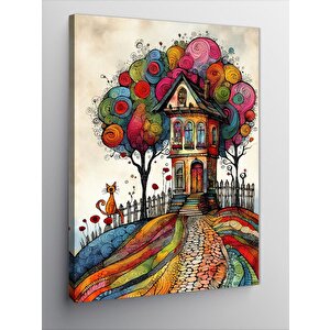 Kanvas Tablo Soyut Desenli Ev Ve Ağaçlar 70x100 cm