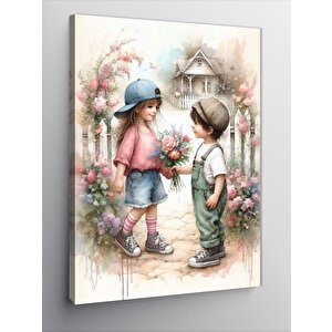 Kanvas Tablo Kız Arkadaşına Çiçek Veren Çocuk 70x100 cm