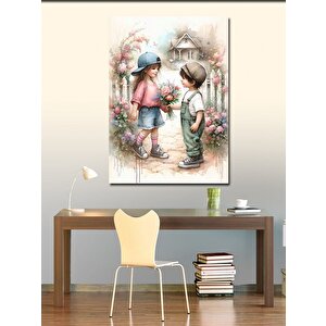 Kanvas Tablo Kız Arkadaşına Çiçek Veren Çocuk 70x100 cm