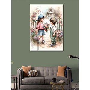 Kanvas Tablo Kız Arkadaşına Çiçek Veren Çocuk 70x100 cm