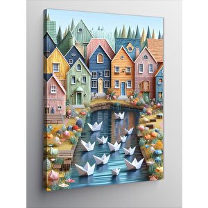 Kanvas Tablo Renkli Evler Ve Origami Tekneler 70x100 cm