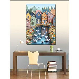 Kanvas Tablo Renkli Evler Ve Origami Tekneler 70x100 cm