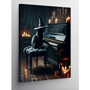 Kanvas Tablo Şapkalı Siyah Kedi Ve Piyano 70x100 cm